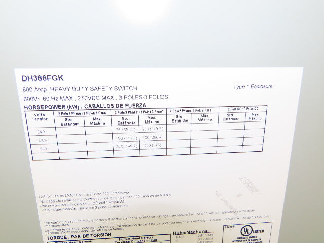 Eaton DH366FGK Safety Disconnect Switch 600A 600V 3 Pole Fused 400Hp