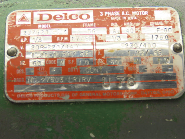 AEG 2J7524-Z AC Motor 1/3Hp 1745rpm 230/460VAC 3Ph 56C ND 77503 LRIRV