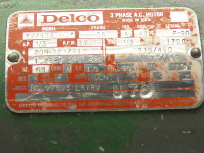 AEG 2J7524-Z AC Motor 1/3Hp 1745rpm 230/460VAC 3Ph 56C ND 77503 LRIRV