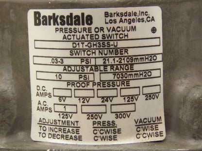 Barksdale D1T-GH3SS-U Diaphragm Pressure Switch 0.3-3 psi Range 21.1-2109 mmH2O