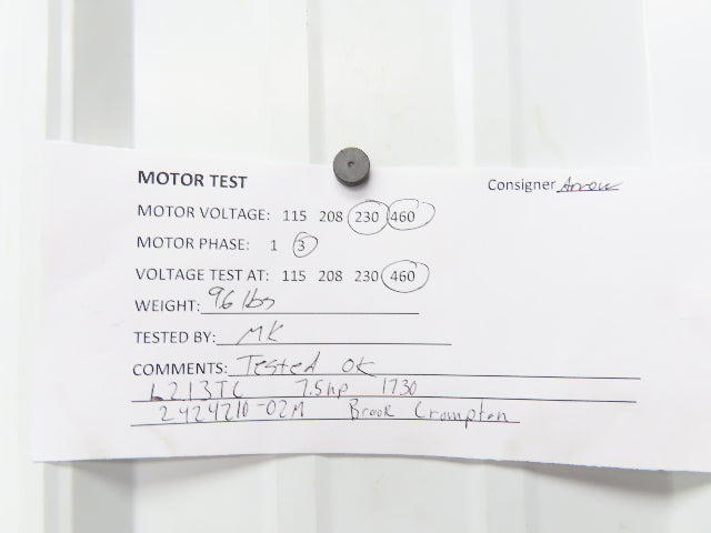 Brook Crompton 2424210-02M Electric Motor 7.5Hp 1730RPM 230/460V 3Ph L213TC