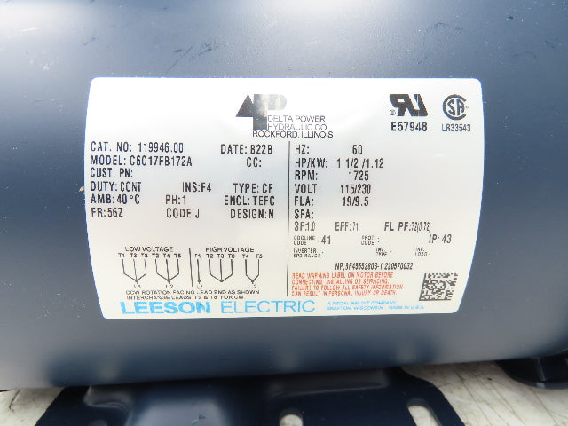 Leeson 119946.00 C6C17FB172A Pump Motor 1.5Hp 1725rpm 115/230V 56Z Slot Shaft