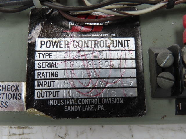 Spang HB2G5-C-3111 Power Control Center 18kva 480V 1Ph Amplifier SCR Unit