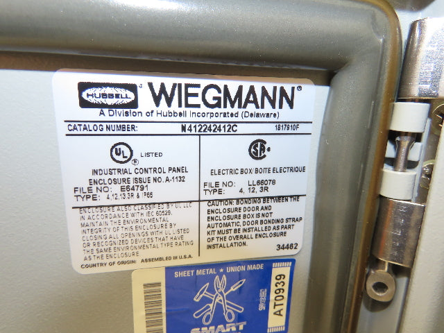 Wiegmann Electrical Enclosure Cabinet 24x24x12" Type 12 Gray  -No Backplate-