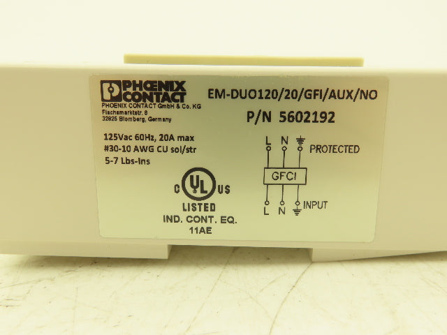 Phoenix Contact EM-DUO120/20/GFI/AUX/NO Din Rail Receptacle GFI Outlet 20A 120V