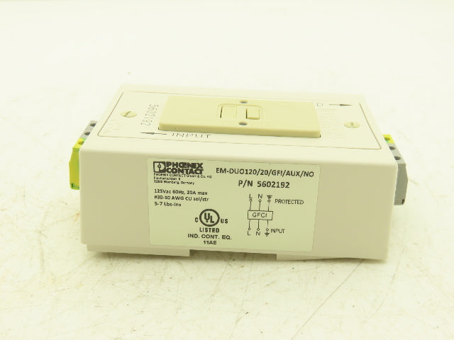 Phoenix Contact EM-DUO120/20/GFI/AUX/NO Din Rail Receptacle GFI Outlet 20A 120V