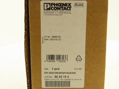 Phoenix Contact EM-DUO120/20/GFI/AUX/NO Din Rail Receptacle GFI Outlet 20A 120V
