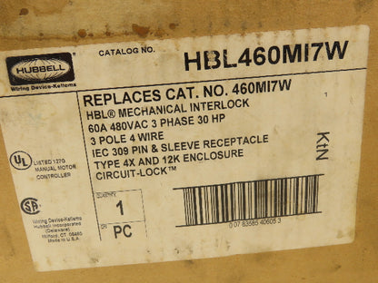 Hubbell HBL460MI7W Circuit-Lock Pin & Sleeve Female Interlock Plug 60A 480V 30HP