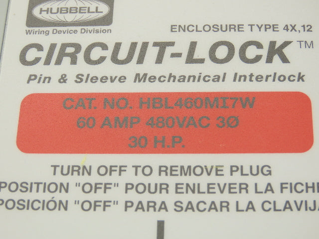 Hubbell HBL460MI7W Circuit-Lock Pin & Sleeve Female Interlock Plug 60A 480V 30HP
