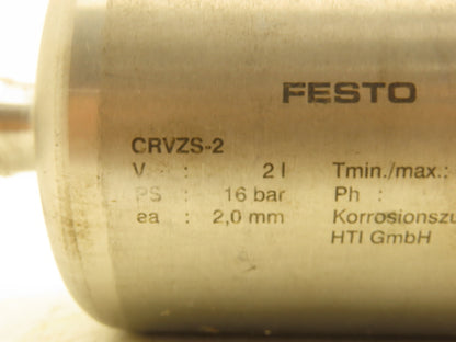 Festo CRVZS-2 Compressed Air Tank 2 Liter Stainless Steel Reservoir 232psi