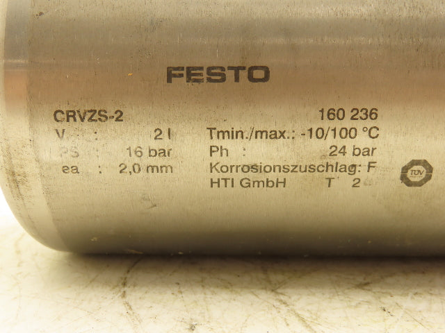 Festo CRVZS-2 Compressed Air Tank 2 Liter Stainless Steel Reservoir 232psi