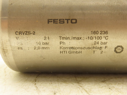 Festo CRVZS-2 Compressed Air Tank 2 Liter Stainless Steel Reservoir 232psi