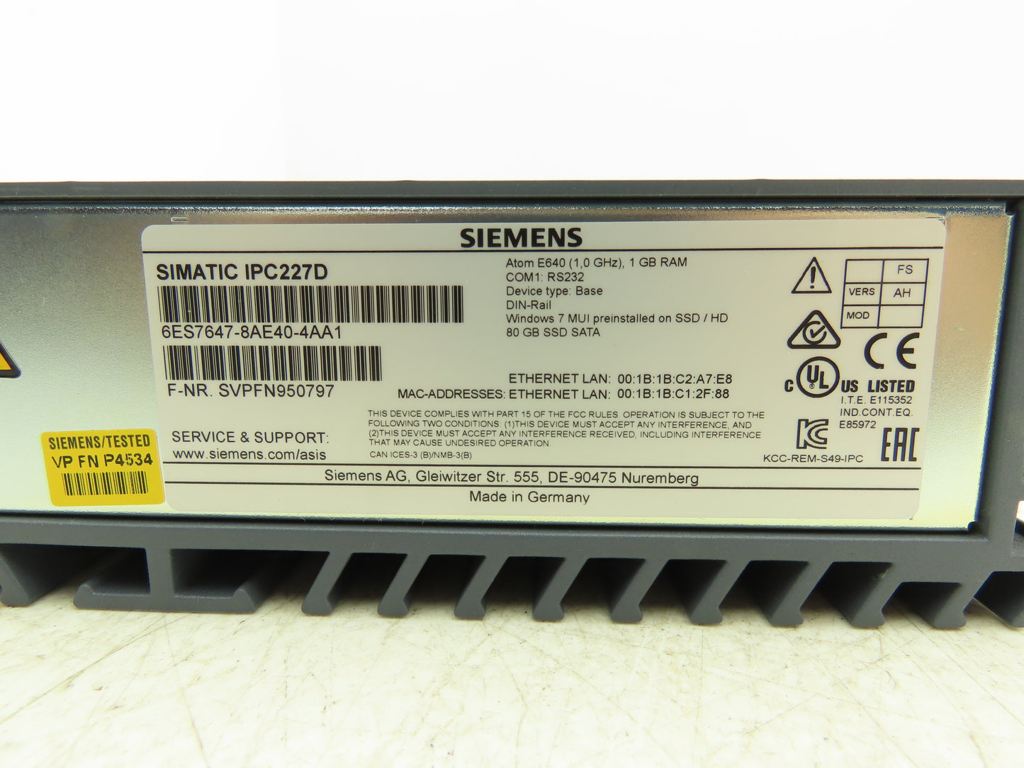 Siemens 6ES76478AE404AA1 Simatic IPC227D NanoBox PC Computer Windows 7 80GB SSD