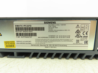 Siemens 6ES76478AE404AA1 Simatic IPC227D NanoBox PC Computer Windows 7 80GB SSD