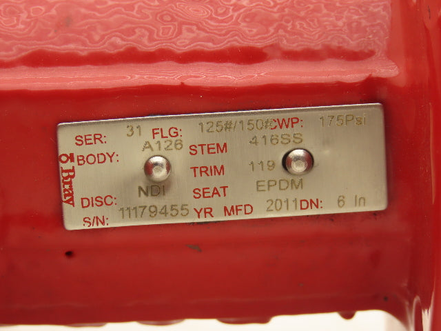 Bray TB028 6" Lugged Butterfly Valve Bare Stem Red 8-Lug BCH 0038 PRC