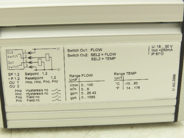 IFM SU8200 Ultrasonic Flow Meter Digital Display Sensor 100L/min 16 Bar 19-30VDC