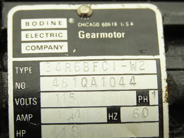Bodine 34R6BFCI-W2 Gearmotor 1/9Hp 115V 1PH 20.37 Ratio 83 RPM Inline Parallel
