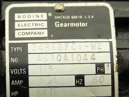 Bodine 34R6BFCI-W2 Gearmotor 1/9Hp 115V 1PH 20.37 Ratio 83 RPM Inline Parallel
