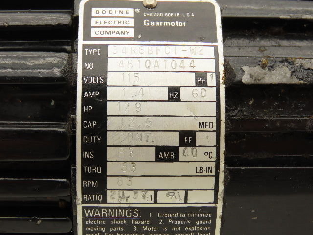 Bodine 34R6BFCI-W2 Gearmotor 1/9Hp 115V 1PH 20.37 Ratio 83 RPM Inline Parallel