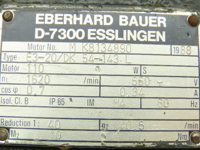 Bauer E3-20/DK 54-143L Gearmotor Motor Only 110W 1620rpm 550V 3PH Step Shaft