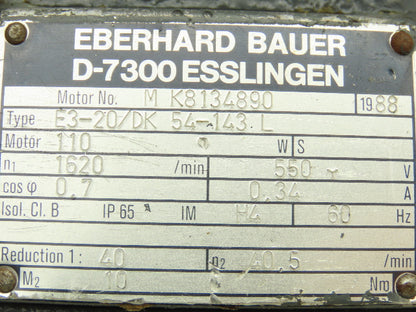 Bauer E3-20/DK 54-143L Gearmotor Motor Only 110W 1620rpm 550V 3PH Step Shaft