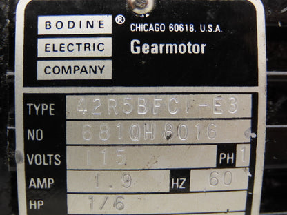 Bodine 42R5BFCI-E3 Gearmotor 1/6Hp 115V 1PH 20:1 Ratio 85rpm Inline Parallel