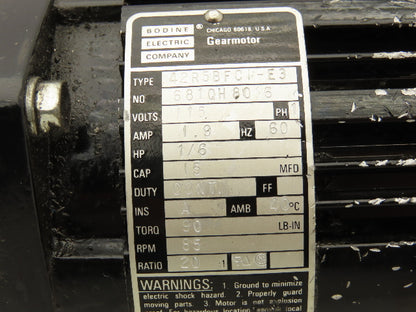 Bodine 42R5BFCI-E3 Gearmotor 1/6Hp 115V 1PH 20:1 Ratio 85rpm Inline Parallel