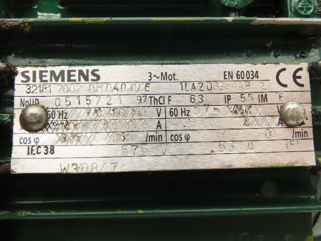 Siemens 1LA2063-4AB12 Metric AC Motor 0.25kw 1600rpm 575V 3PH IEC 63 Frame