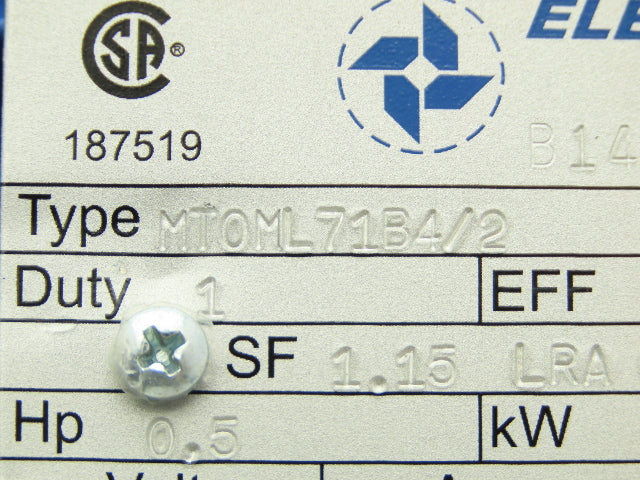 Elektro Drive MTOML71B4/2 AC Motor .37kw .5Hp 1656rpm 230/460V 3PH IEC 71 Frame