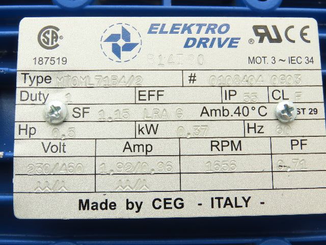 Elektro Drive MTOML71B4/2 AC Motor .37kw .5Hp 1656rpm 230/460V 3PH IEC 71 Frame