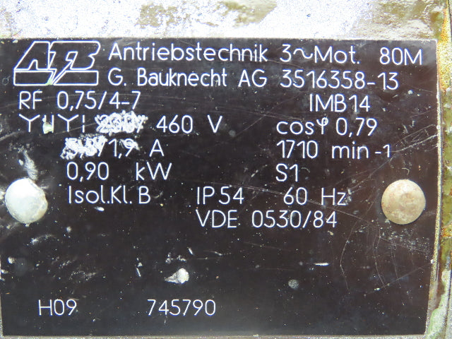 ATB RF 0.75/4-7 Metric AC Motor 0.9kw 1.2Hp 1710rpm 460V 3PH IEC 80M Frame