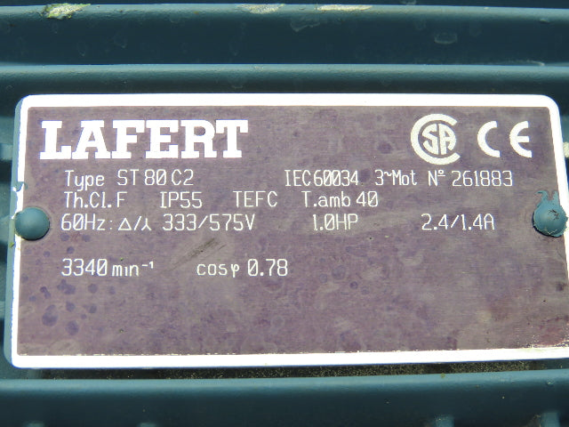 Lafert ST80C2 Metric AC Motor 1Hp 3340rpm 333/575V 3PH IEC 80 Frame 19mm Shaft