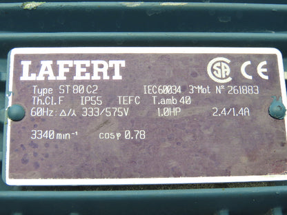 Lafert ST80C2 Metric AC Motor 1Hp 3340rpm 333/575V 3PH IEC 80 Frame 19mm Shaft