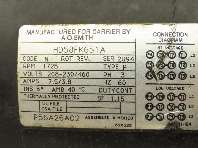 AO Smith HD58FK651A Carrier HVAC Blower Motor 3Hp 1725rpm 208-230/460V 3PH