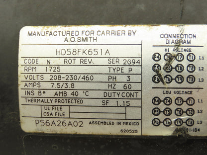 AO Smith HD58FK651A Carrier HVAC Blower Motor 3Hp 1725rpm 208-230/460V 3PH