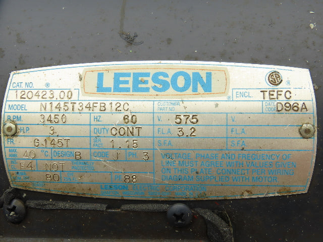 Leeson 120423.00 AC Motor 3Hp 3450rpm 575V 3PH IEC G145T Frame N145T34FB12C