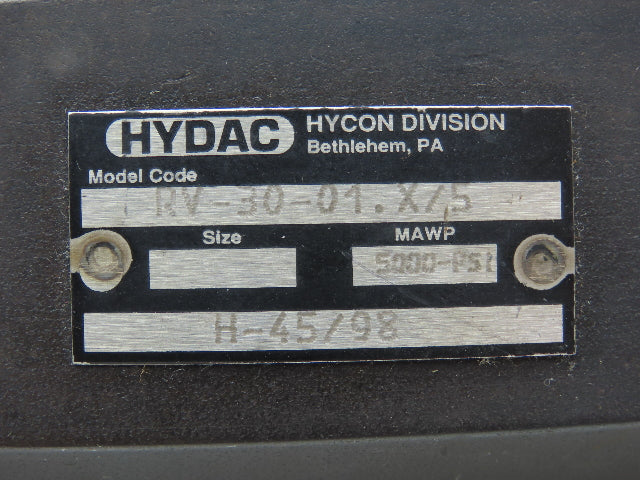 Hydac RV-30-01.X/5 Hydraulic Check Valve 150 GPM 5000 PSI 1-1/2" Female NPT