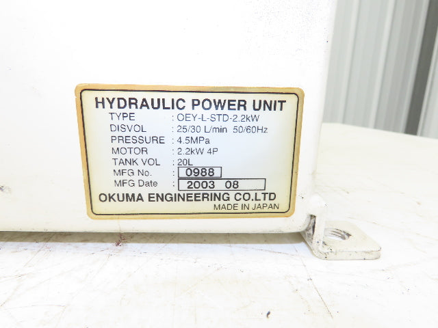 Okuma OEY-L-STD-2.2KW CNC Lathe Hydraulic Power Unit 30L/Min UNI Pump 20L Tank