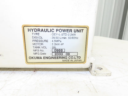 Okuma OEY-L-STD-2.2KW CNC Lathe Hydraulic Power Unit 30L/Min UNI Pump 20L Tank