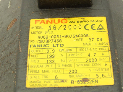 Fanuc A06B-0034-B075  AC Servo Motor 0.9kW 199V 3PH 2000 RPM