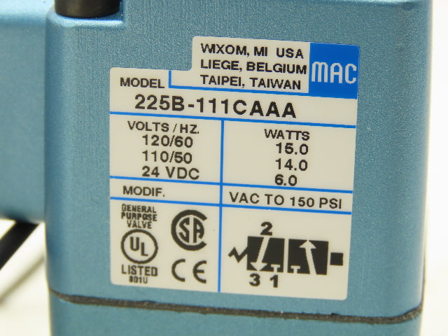 Mac 225B-111CA Pneumatic Solenoid Valve 3 Way 120VAC 16W 150 PSI