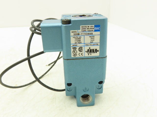 Mac 225B-111CA Pneumatic Solenoid Valve 3 Way 120VAC 16W 150 PSI