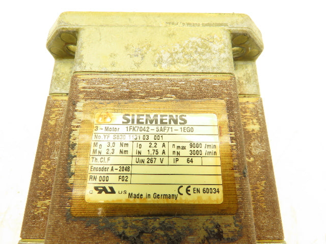 Siemens 1FK7042-5AF71-1EG0 AC Servo Motor 0.82kW 9000rpm With A-2048 Encoder