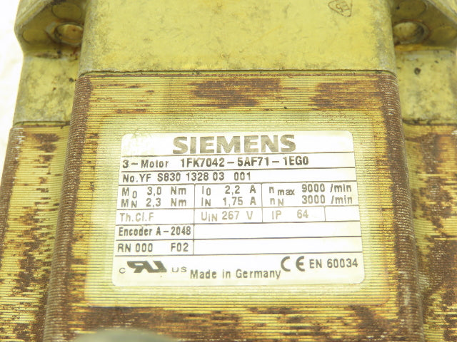Siemens 1FK7042-5AF71-1EG0 AC Servo Motor 0.82kW 9000rpm W/A-2048 Encoder *Read