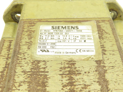 Siemens 1FK7063-5AH71-1EG0 AC Servo Motor 11Nm 7200rpm 3Ph W/A-2048 Encoder