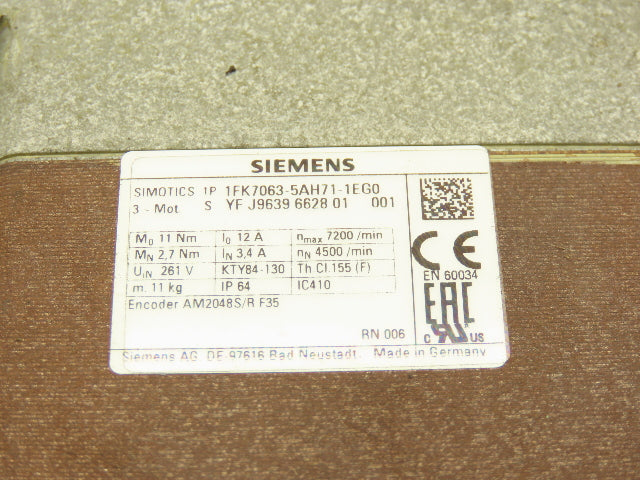 Siemens 1FK7063-5AH71-1EG0 AC Servo Motor 11Nm 7200rpm 3Ph AM2048S/R F35 Encoder