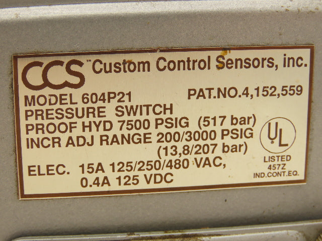 Custom Control Sensors 604P21 Hydraulic Pressure Switch 7500 PSIG 125-480 VAC