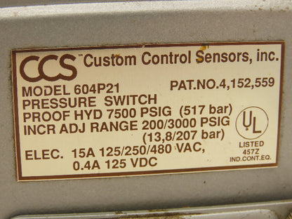 Custom Control Sensors 604P21 Hydraulic Pressure Switch 7500 PSIG 125-480 VAC