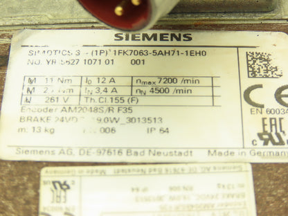 Siemens 1FK7063-5AH71-1EH0 AC Servo Motor 261V 11Nm 7200rpm 3Ph 24VDC Brake