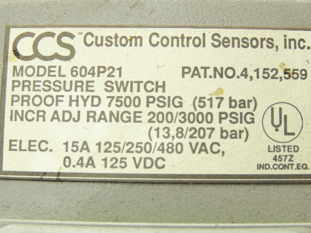 Custom Control Sensors 604P21 Hydraulic Pressure Switch 7500 PSIG 125-480 VAC